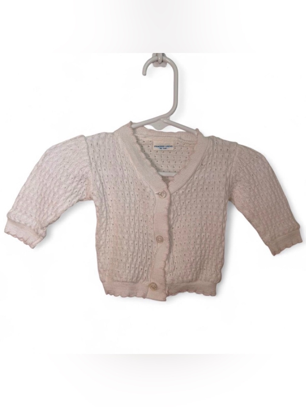 Vintage Princess Linens Baby Knit Cardigan - white with baby scallop pink trim